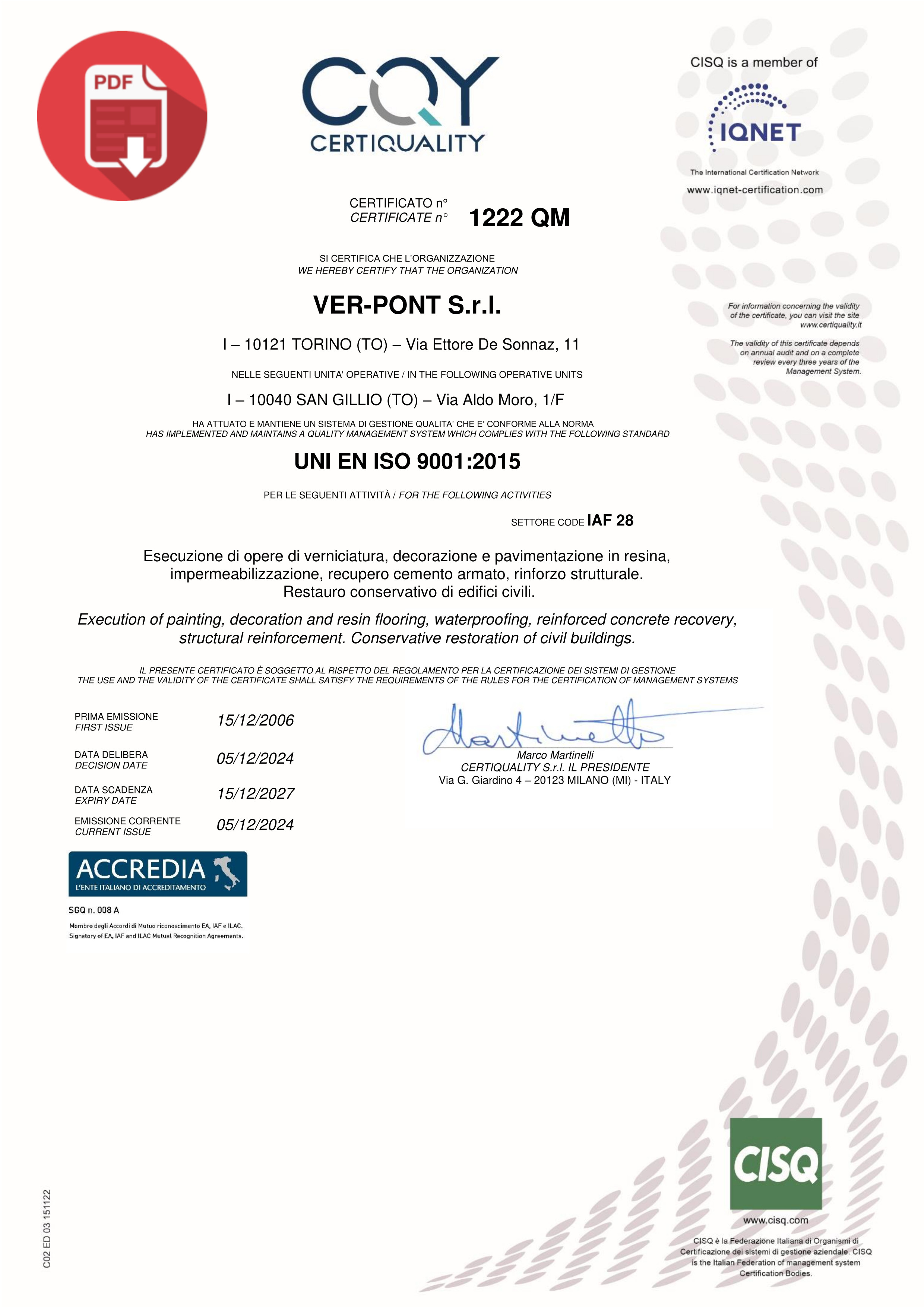 Certificato sistema di gestione per la qualità UNI EN ISO 9001:2015